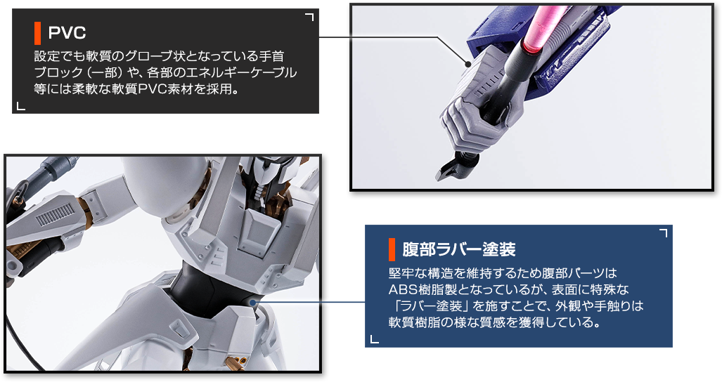 【PVC】設定でも軟質のグローブ状となっている手首ブロック（一部）や、各部のエネルギーケーブル等には柔軟な軟質PVC素材を採用。／【腹部ラバー塗装】堅牢な構造を維持するため腹部パーツはABS樹脂製となっているが、表面に特殊な「ラバー塗装」を施すことで、外観や手触りは軟質樹脂の様な質感を獲得している。